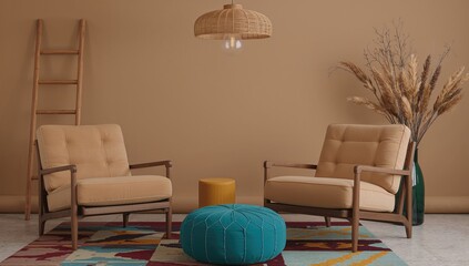Fototapeta premium Cozy lounge featuring retro armchairs, a ladder, woven lamp, ottoman, and a decorative vase with twigs.
