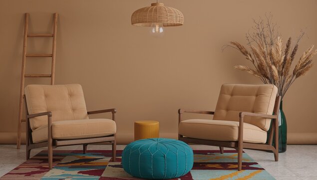 Cozy lounge featuring retro armchairs, a ladder, woven lamp, ottoman, and a decorative vase with twigs.