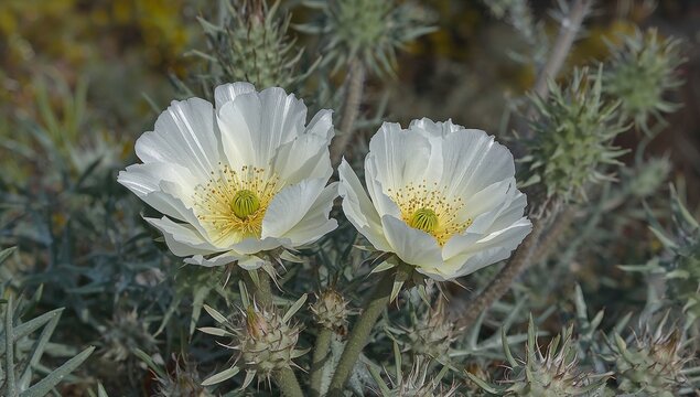 Prickly Poppy flowers with white petals and glaucous leaves, showcasing their unique flora characteristics, seasonal change