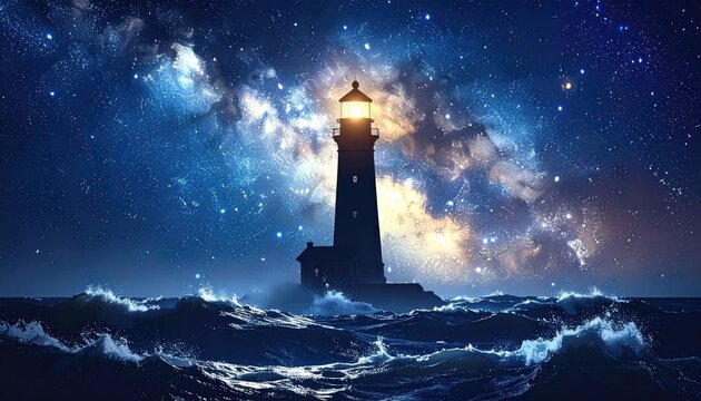 Majestic Lighthouse Stands Tall Against A Brilliant Starry Night Sky With Milky Way Galaxy Over Turbulent Ocean Waves Illuminated By Its Beacon Light