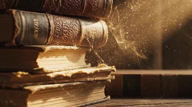 Stack of Ancient Dusty Books with Cobwebs in a Sunbeam.