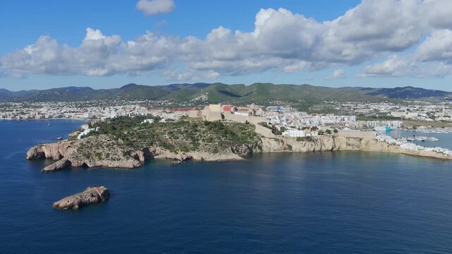 Aerial View of Dalt Vila (Eivissa Old Town) and the Busy Boat and Ferry Marina in Ibiza, Balearic Islands	