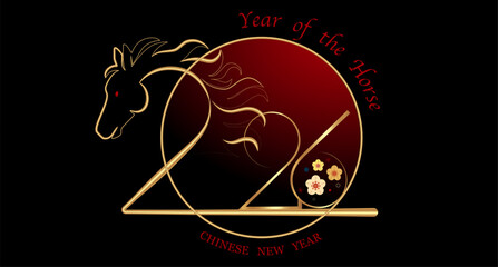 2026 Chinese New Year in black background. Year of the Horse. Vector modern art gold numbers design for cover, card, poster, banner, logo zodiac sign. Golden luxury template
