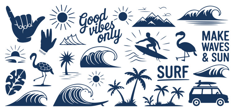 tropical beach surf graphic icon set