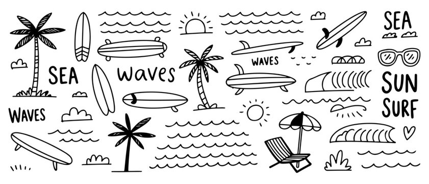 tropical beach surf doodle icon set