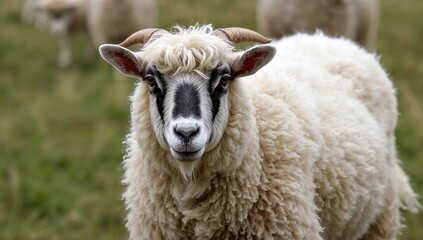 Fototapeta premium A humorous fluffy sheep with a black and white face, pink nose, and upright ears in a pasture, focusing on animal husbandry and agriculture