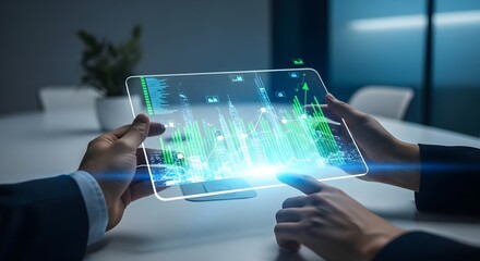 Hands holding a transparent tablet displaying a futuristic city landscape