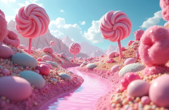 Candy land landscape features pink lollipop trees. Sweet river flows through confectionery scenery. Whimsical world with sugary mountains. Dessert dream. Ideal for confectionary sweets themes design.