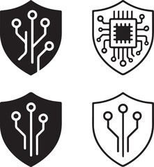Security Shield Icon Set, tech shield icons, digital protect symbols, minimal filled security, thin stroke shield vector, solid black circuits, isolated shield icon set buyers
