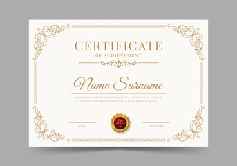 Elegant and luxurious certificate template with badge. Classic frame pattern diploma