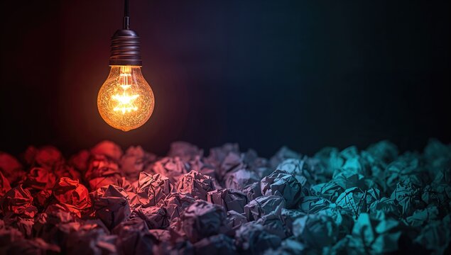 A light bulb and crumpled paper balls on a dark surface, symbolizing creative brainstorming