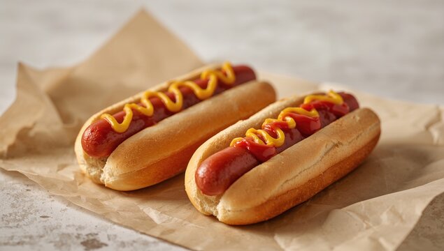 Two hot dogs topped with ketchup and mustard, protein-rich meal