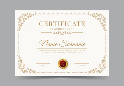 Elegant and luxurious certificate template with badge. Classic frame pattern diploma