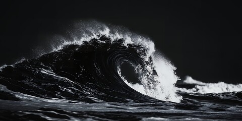 A dramatic dark monochrome photograph of a powerful ocean wave breaking with white spray against a deep black sky