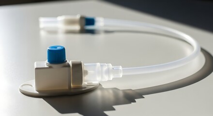 Medical Nasal Oxygen Cannula with Blue and White Components on White Surface in Bright Lighting