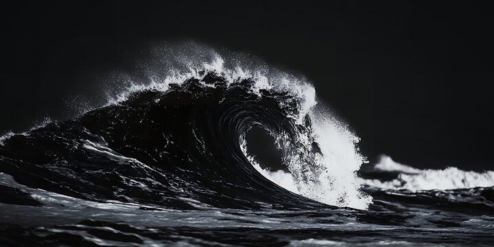 A dramatic dark monochrome photograph of a powerful ocean wave breaking with white spray against a deep black sky - Powered by Adobe