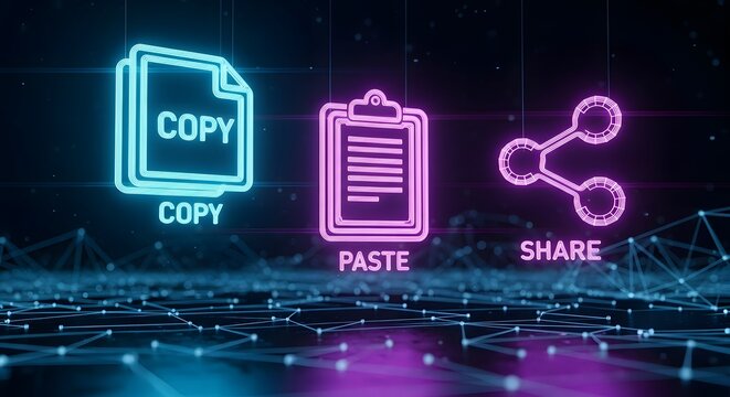 Neon copy, paste, and share icons glowing on a dark background with network