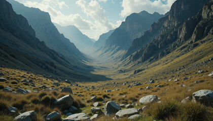 Mountain valley landscape with rocks and cloudy sky view