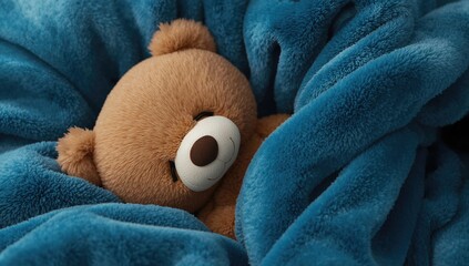 Teddy bear plush toy resting on a soft blue velvet blanket, promoting relaxation