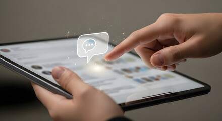 Person using tablet for communication with speech bubble symbolizing messaging app