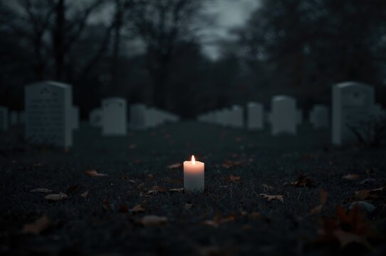 Memorial tribute with candle glowing in a graveyard, monochrome tones