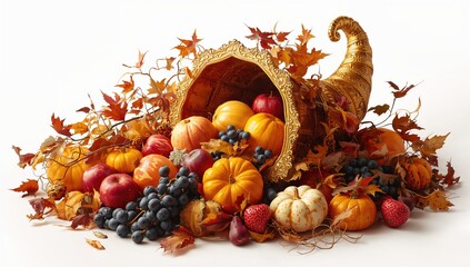 Thanksgiving harvest cornucopia displayed on a white backdrop, seasonal abundance