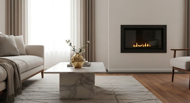 Modern Living Room with Fireplace and Minimalist Decor in Bright Natural Light - Powered by Adobe