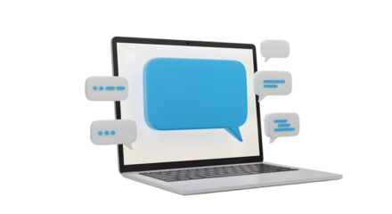Laptop With Large Blue Speech Bubble And Message Icons computer communication isolated on a transparent background