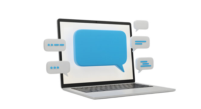 Laptop With Large Blue Speech Bubble And Message Icons computer communication isolated on a transparent background