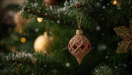 A close-up of a Christmas tree adorned with a bird and geometric ornament, featuring a snow effect, seasonal decoration