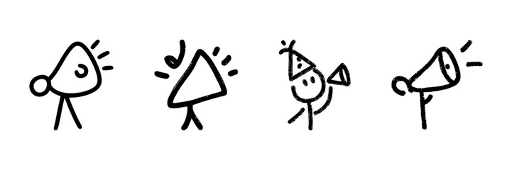 Abstract Character Line Icon Set In Doodle Style. Expressive Faces, Celebration, And Communication Outline Sketch Collection. Hand Drawn Isolated Vector Illustration