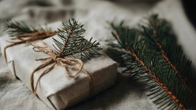A small gift wrapped in brown kraft paper with twine, topped with pine sprigs on a textured fabric background.