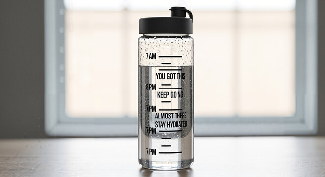 Clear water bottle with motivational markings on the table indoors  