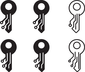 Circuit Key Icon Set, tech key icons, digital access symbols, minimal filled key, thin stroke lock vector, solid black circuits, isolated key icon set buyers