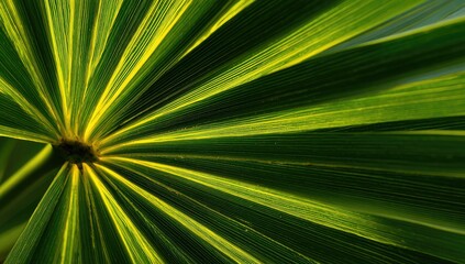 Obraz premium Close-up of a palm frond with radiating leaf veins, showcasing green and yellow hues