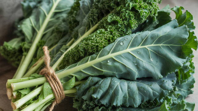 Fresh bunch of organic curly kale tied with twine on a rustic surface - Powered by Adobe