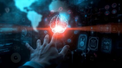 Hand touching glowing holographic brain interface with world map and digital data overlays in blue light - Powered by Adobe