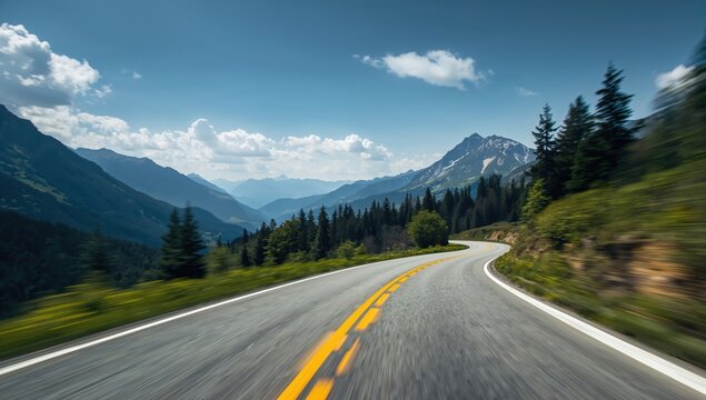 Curved Forest Pathway Through Alpine Mountains with Motion Blur, Ideal for Editorial Background