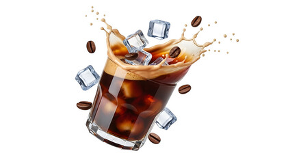 Iced coffee splashing with ice cubes and coffee beans