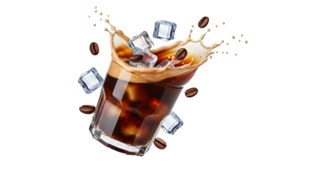 Iced coffee splashing with ice cubes and coffee beans