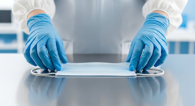 Medical Professional Hands Wearing Blue Gloves Holding Face Mask in Clinical Setting