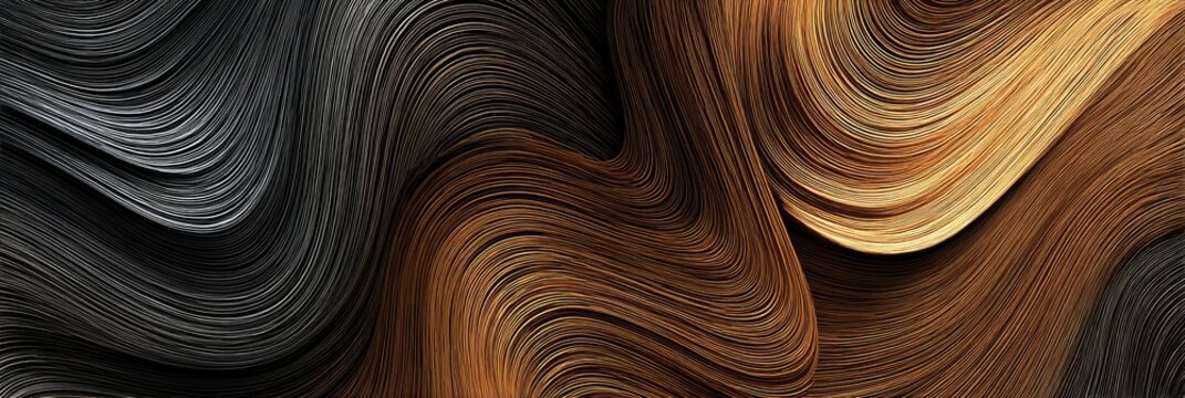 Flowing locks of hair transition from black to shades of brown and blonde, creating a swirling visual effect