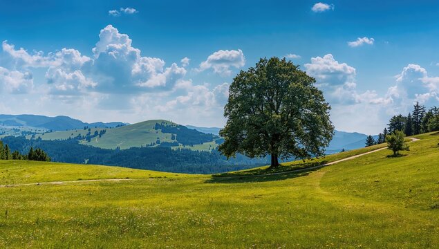 Summer scenery featuring lush greenery and mountains, emphasizing seasonal change