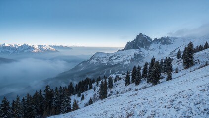 Snow-covered mountain range with a hazy blue sky, erosion risk