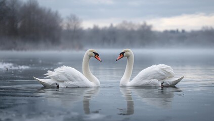 Obraz premium Swans glide gracefully over a partially frozen lake, showcasing resilience in winter conditions
