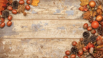 Weathered wood backdrop adorned with acorns and pine cones, seasonal change