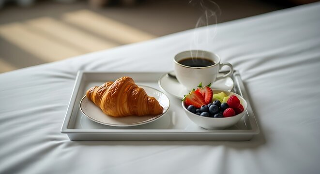 Fresh Breakfast with Croissant Fruit and Coffee on Bedside Tray - Powered by Adobe
