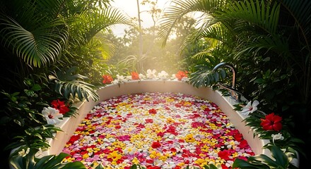 Tropical Garden Bathtub Filled with Colorful Flower Petals Surrounded by Lush Green Foliage and Sunlight