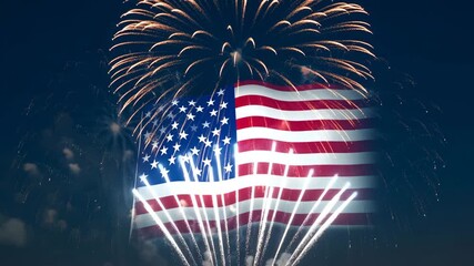 Vibrant American flag waving against a backdrop of dazzling fireworks celebration in the night - Powered by Adobe