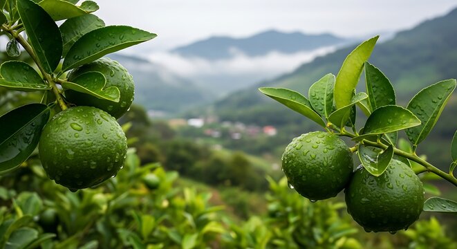 Fresh green limes growing on a tree branch with water droplets, set against a blurred background of lush green mountains and a small village